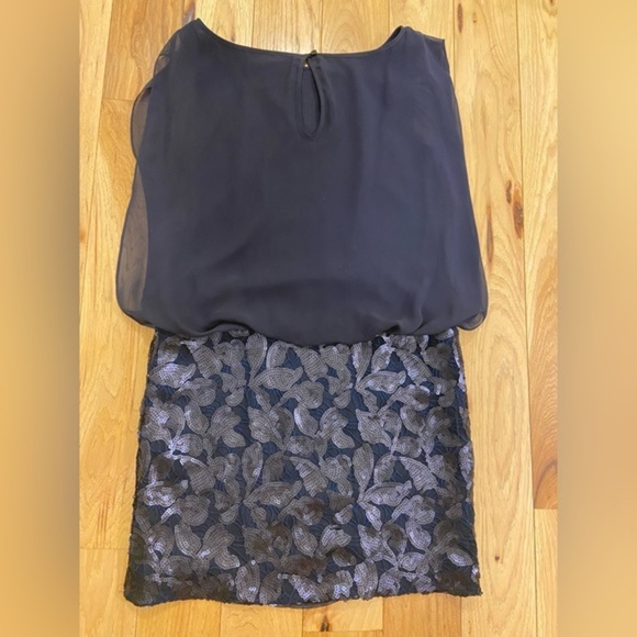 Aidan Maddox Chiffon Blouson Mini Dress Sequin Skirt Navy Blue Women’s 6 Party - Picture 5 of 11